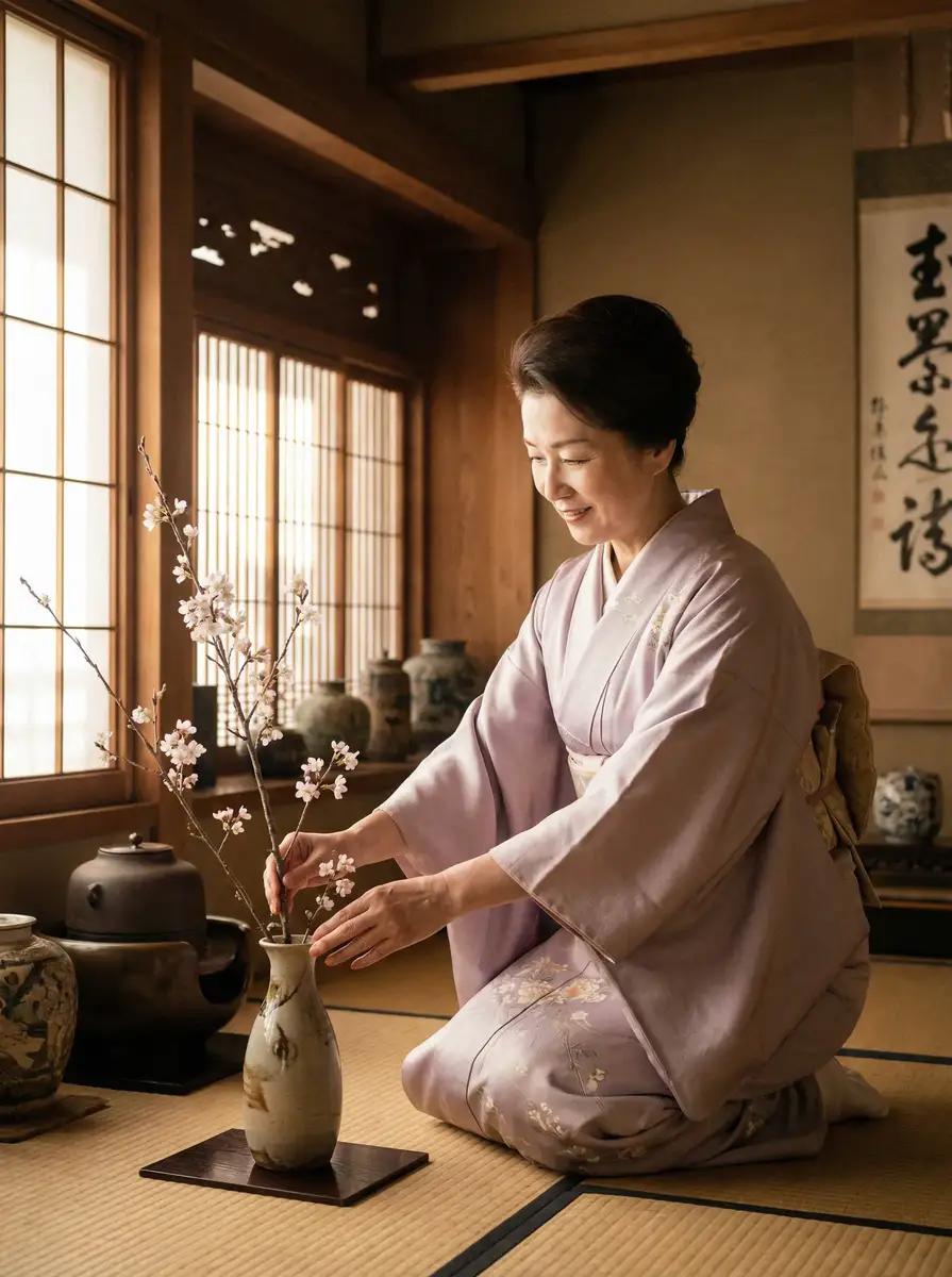一位优雅的 大江体育平台 在和室中插花